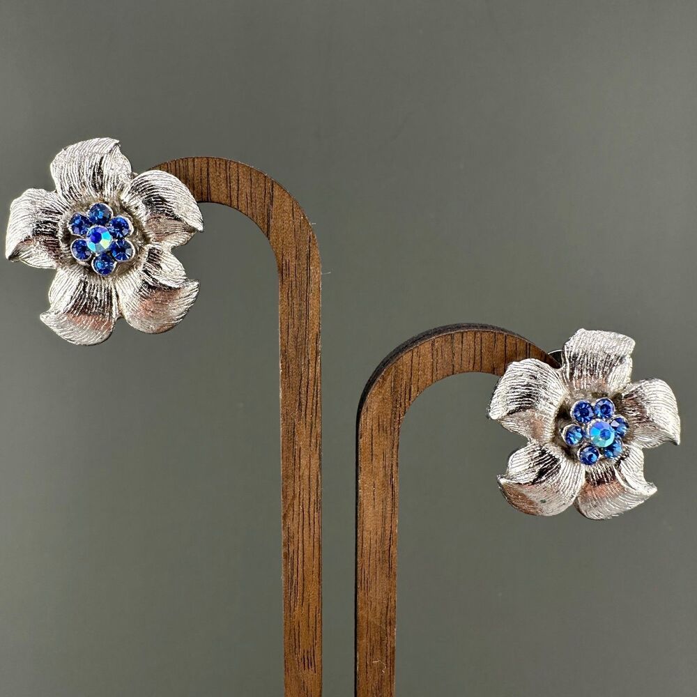 Vintage Rhinestone Flower Earrings Silver Tone Blue AB Crystal Textured Clip On